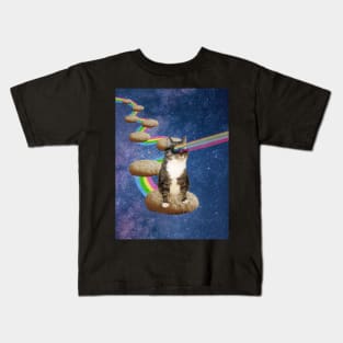 Cute tabby cat in space shooting rainbows from the sunglasses Kids T-Shirt